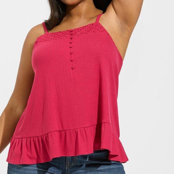 Torrid Tank Top 1X Pink Textured Eyelet Lace Swing Tee Ruffle Hem Shirt Plus New - Picture 1 of 5